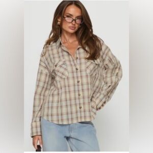 Princess Polly Womens US 4 Button Front Shirt Jacket Shacket Beige Black Flannel